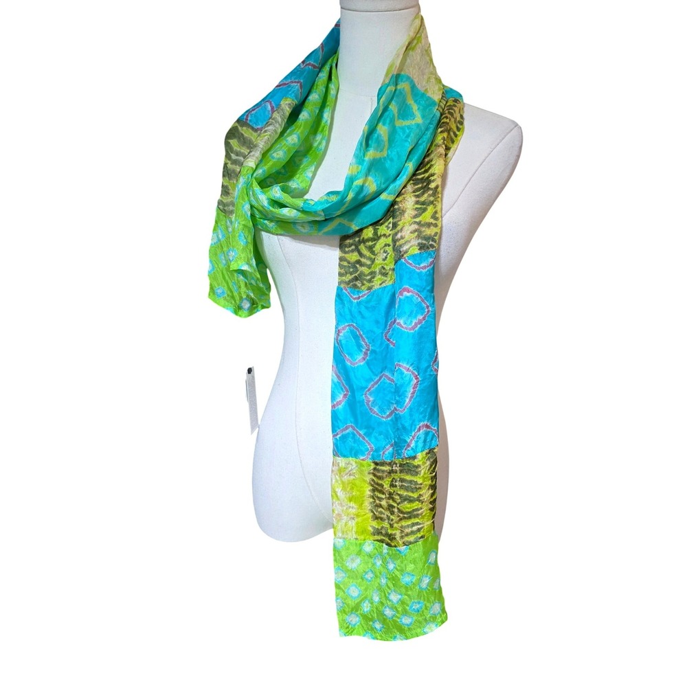 BANDHANI Silk Patchwork Scarf Shawl Blue Green Tie Dye Boho Festival‎